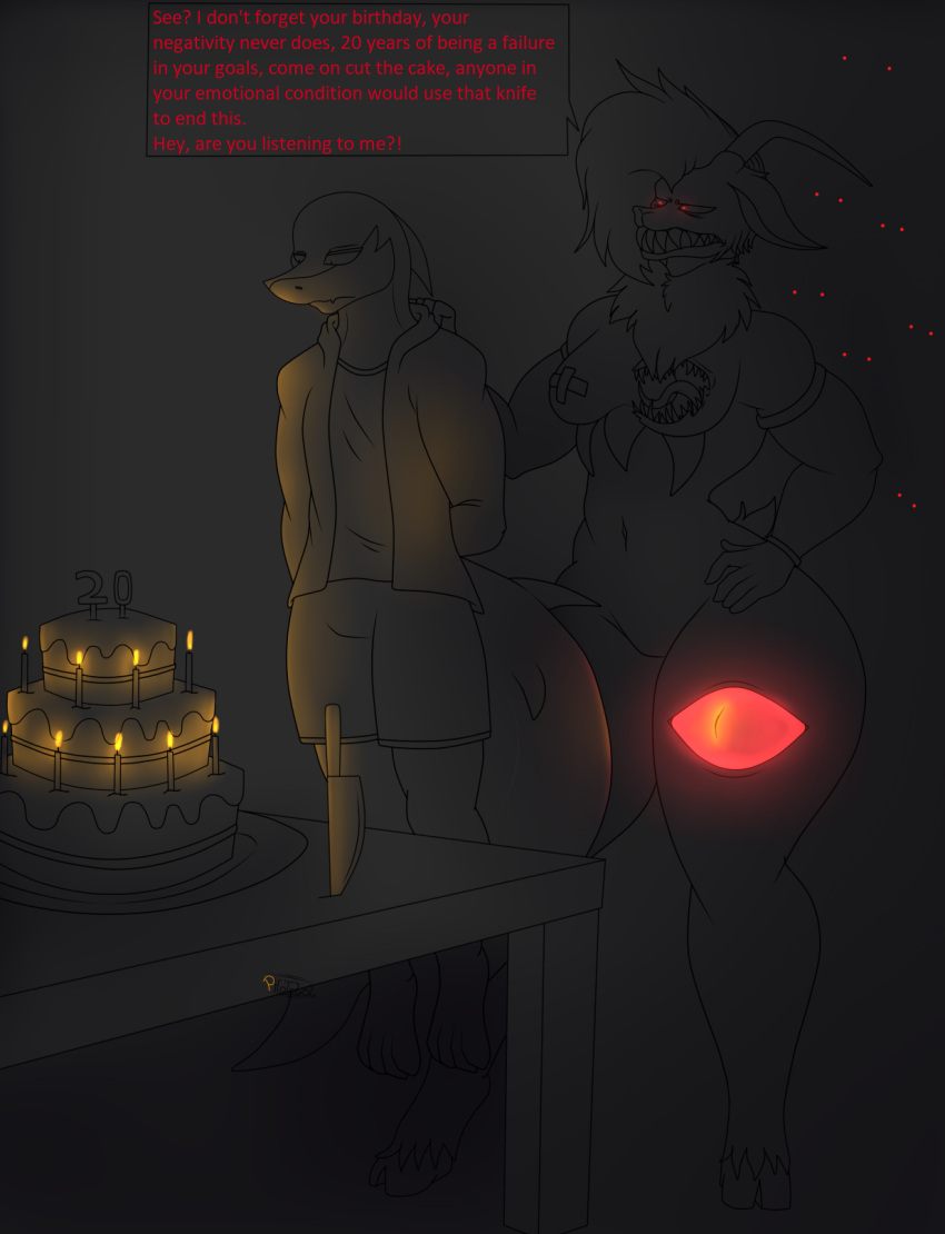 anthro big_butt birthday birthday_cake bovid breasts butt cake caprine caprine_demon clothed clothing demon dessert dialogue drascua_(photolol.03) duo english_text female fish flexet_(photolol.03) food goat goat_demon hand_on_hip hands_behind_back hi_res horn knife looking_at_another looking_down male mammal marine photolol.03 shark simple_background small_breasts text thick_thighs wide_hips