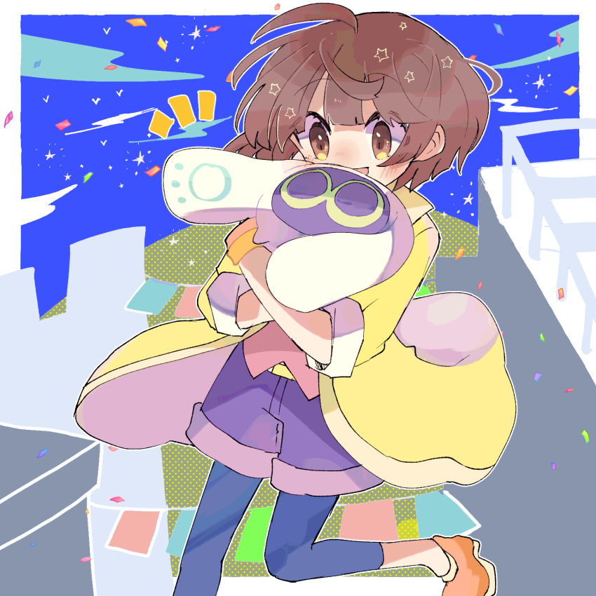 1girl 1other 32rhodium62 :d atari_(puyopuyo_quest) belt blue_leggings blunt_bangs blush brown_eyes brown_hair cityscape coat confetti creature highres holding holding_creature hug leg_up leggings looking_down puubot_(puyopuyo_quest) puyopuyo puyopuyo_quest short_hair shorts sleeves_rolled_up smile star_(symbol) yellow_coat