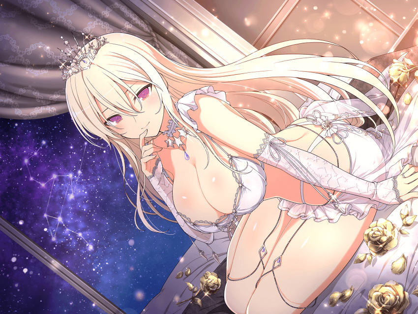 1girl bed blonde_hair blush breasts bridal_lingerie choker cleavage come_hither curtains elbow_gloves flower gloves gold golden_rose highres index_finger_raised indoors jewelry large_breasts leo_(constellation) leo_(senran_kagura) lingerie long_hair looking_at_viewer median_furrow official_alternate_costume official_art on_bed petals purple_eyes rose_petals senran_kagura senran_kagura_new_link sky smile solo star_(sky) star_(symbol) starry_sky tiara underwear very_long_hair white_choker window yaegashi_nan