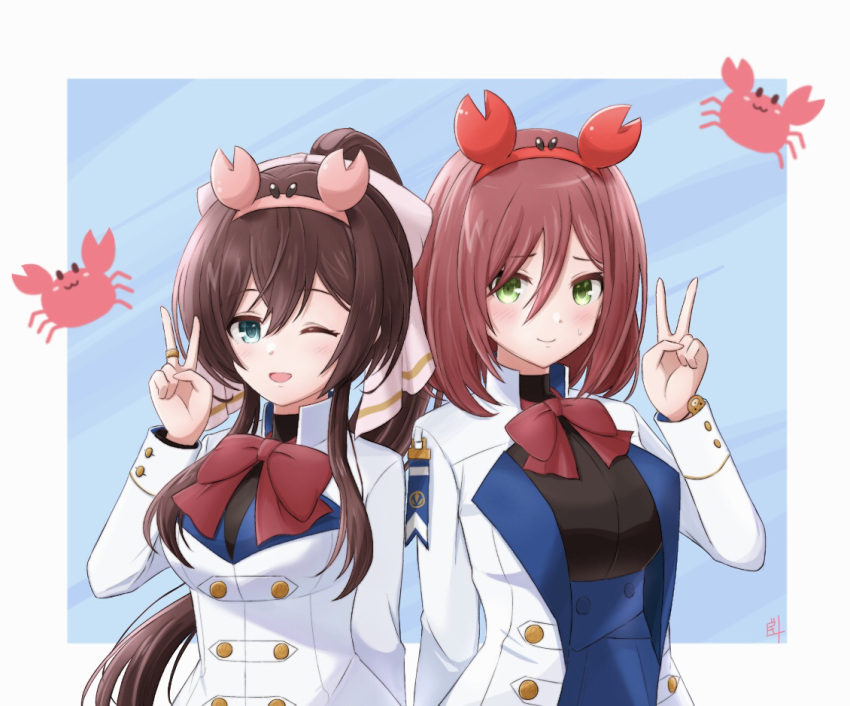 2girls arm_at_side assault_lily black_shirt blue_background blue_eyes blue_skirt blush border bow bowtie brown_bow brown_hair closed_mouth commentary_request crab crab_hair_ornament gradient_background green_eyes hair_between_eyes hair_bow hairband hand_up hatsukano_you herensuge_girls_academy_school_uniform high-waist_skirt high_ponytail inoguchi_minto jacket jewelry long_bangs long_hair long_sleeves looking_at_viewer medium_hair multiple_girls navel one_eye_closed open_clothes open_jacket outside_border parted_lips pink_hairband ponytail red_bow red_bowtie red_hair red_hairband ring school_uniform serizawa_chikaru shirt side-by-side sidelocks skirt sleeves_past_wrists smile standing sweatdrop upper_body v very_long_hair white_border white_jacket wristband