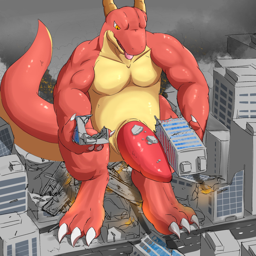 1:1 3_toes animal_genitalia animal_penis anthro biceps big_penis biped city city_destruction claws comparing comparing_penis destroyed_building destruction dragon erection feet finger_claws fire genitals hi_res holding_building horn huge_penis hyper hyper_genitalia hyper_penis looking_at_genitalia looking_at_penis looking_down looking_down_at_penis macro male mfive_(artist) penis solo tail thick_penis toe_claws toes tongue tongue_out