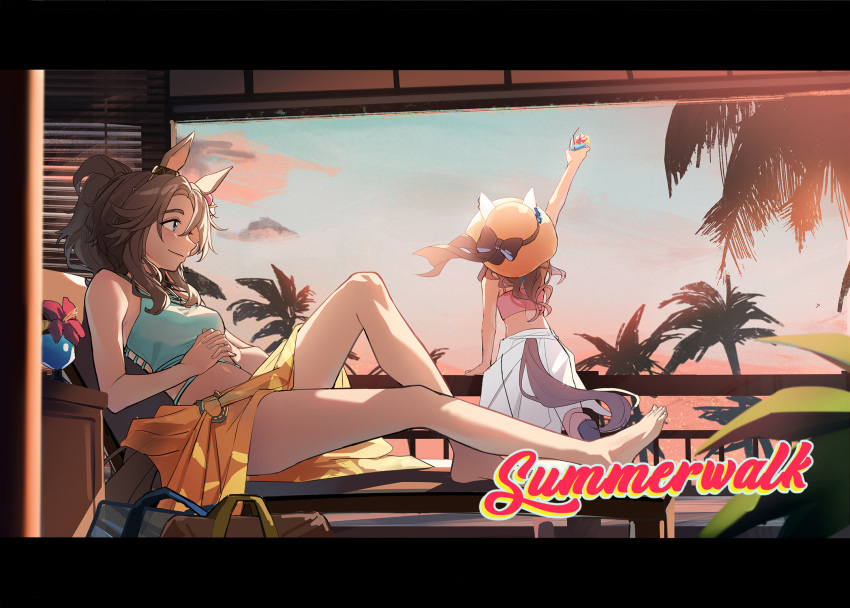 2girls against_railing alternate_costume animal_ears arm_up bag bare_shoulders barefoot bikini breasts brown_hair chair closed_mouth cloud cocktail_glass cup daitaku_helios_(umamusume) drinking_glass english_text flower fuyukayui green_bikini hat hibiscus highres holding holding_cup horse_ears horse_girl horse_tail letterboxed lounge_chair medium_hair mejiro_palmer_(umamusume) multiple_girls navel outstretched_arm palm_tree pink_bikini plant ponytail railing reclining sarong small_breasts smile standing sun_hat swimsuit tail tree umamusume