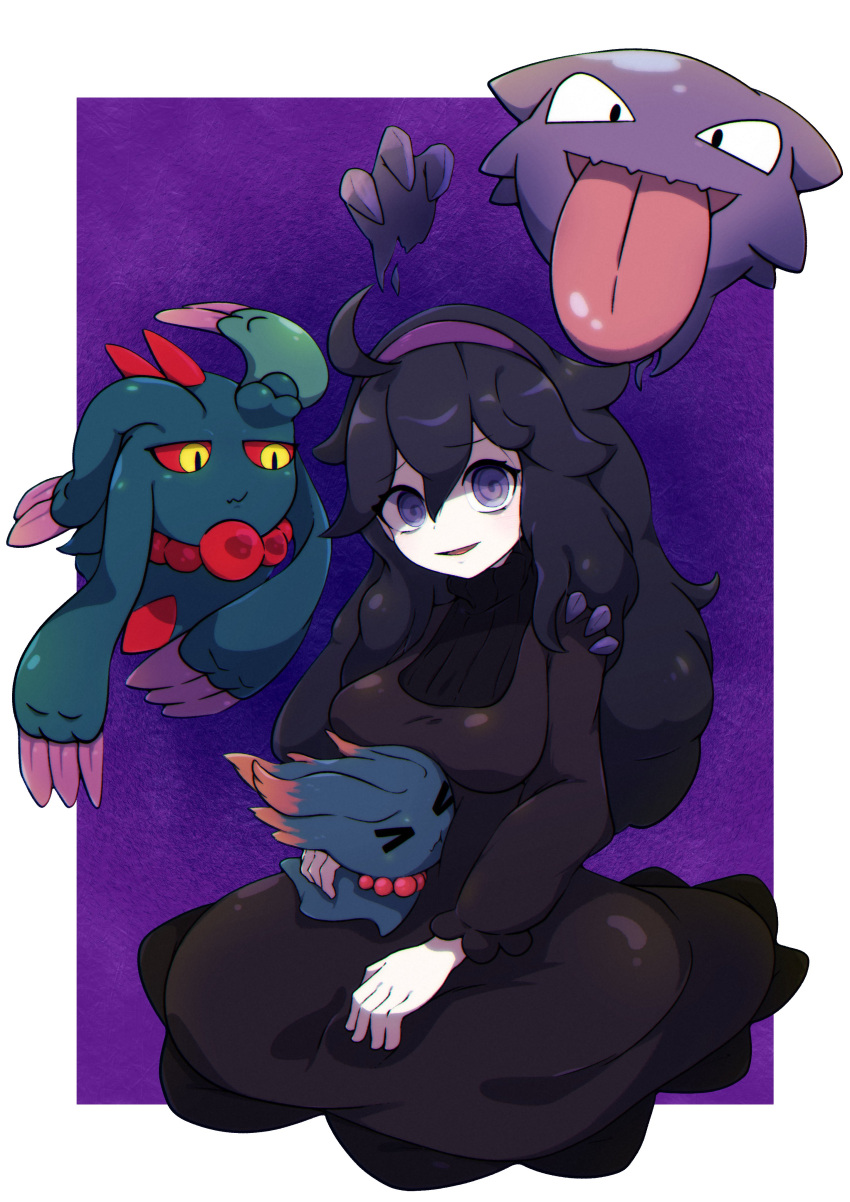 &gt;_&lt; 1girl @_@ absurdres afuron ahoge black_hair border breasts closed_eyes curly_hair dress eyelashes flutter_mane grey_eyes hair_between_eyes hairband haunter hex_maniac_(pokemon) highres long_hair long_sleeves looking_at_viewer misdreavus pokemon pokemon_(creature) pokemon_(game) pokemon_xy purple_background purple_hairband raised_eyebrows smile