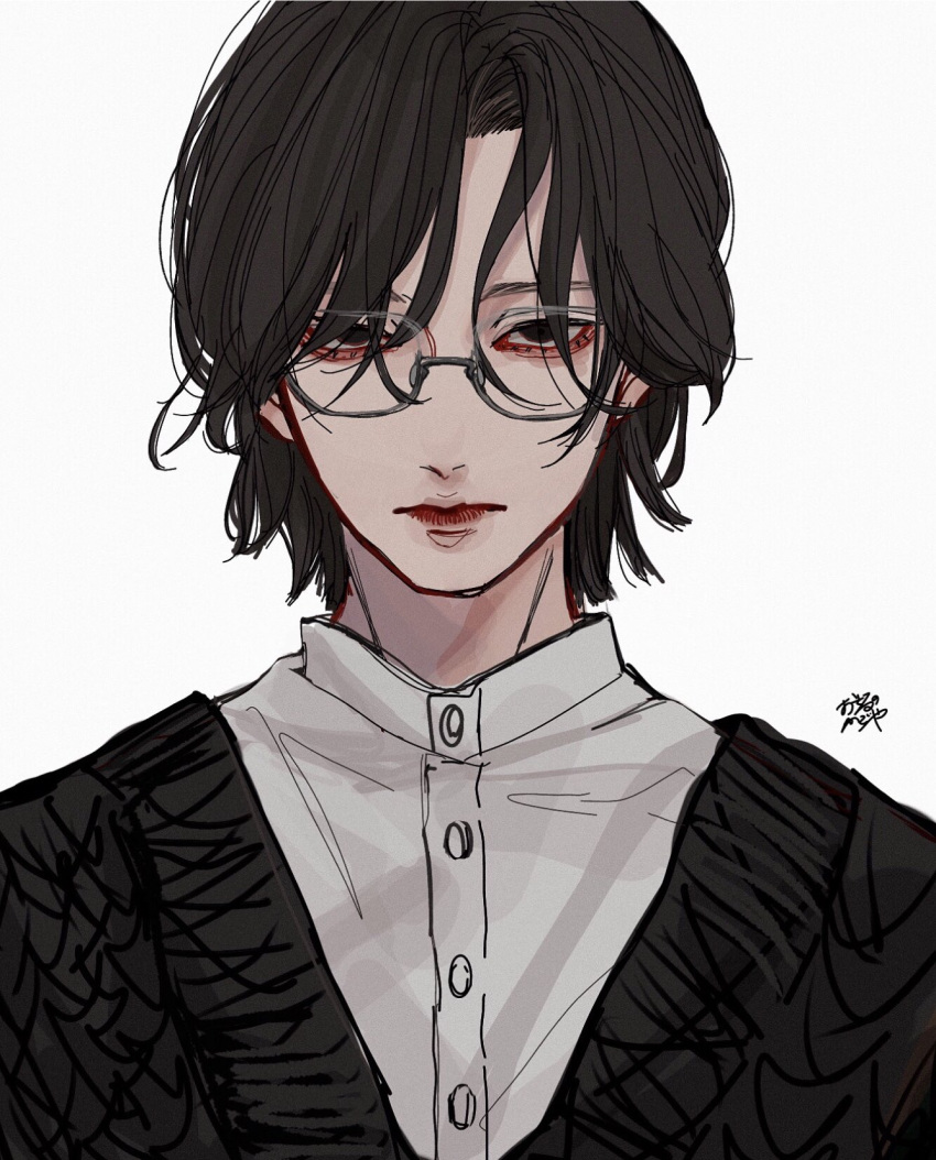 1boy bishounen black_cardigan black_eyes black_hair buttons cardigan closed_mouth glasses hair_over_one_eye highres kagoya1219 long_bangs looking_at_viewer male_focus original shirt short_hair signature simple_background solo straight-on upper_body white_background white_shirt