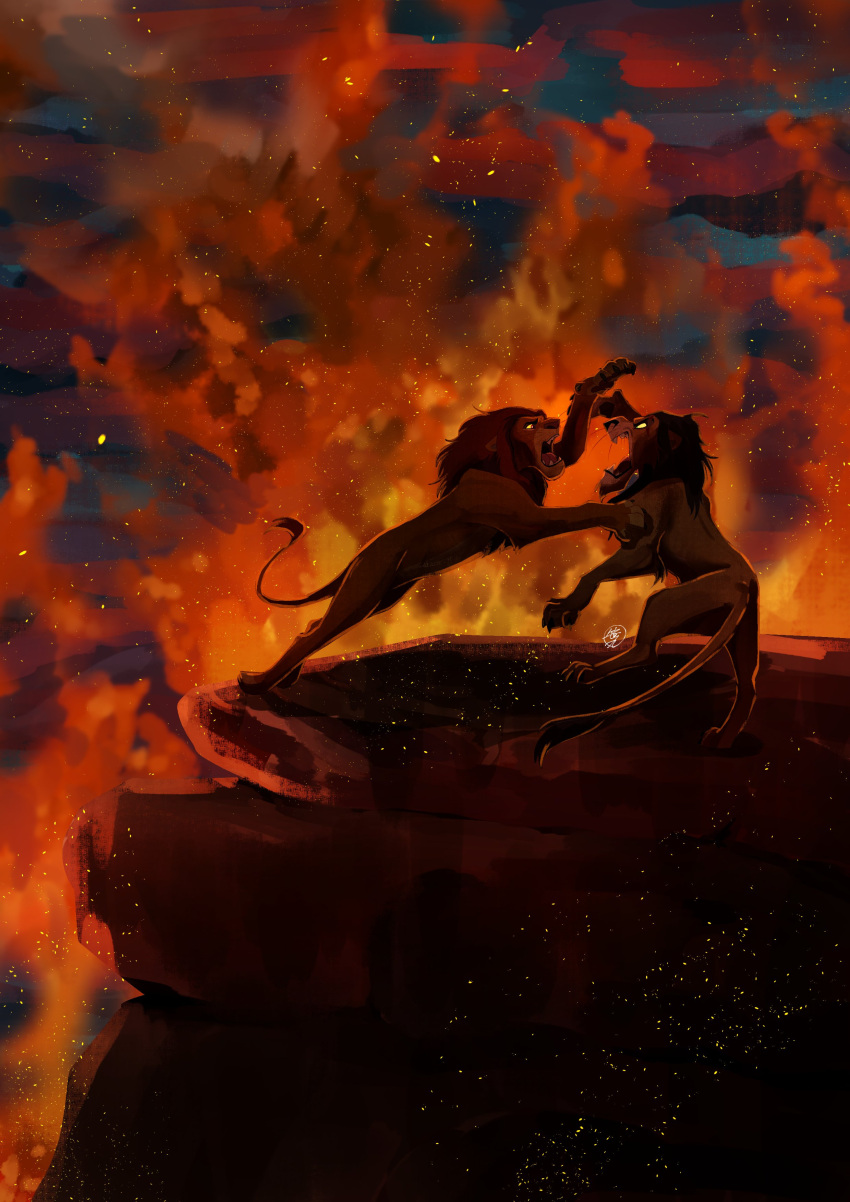 absurd_res detailed_background disney duo felid feral fight fire hi_res jumping lion mammal pantherine sasamaru scar scar_(the_lion_king) scenery simba tail the_lion_king