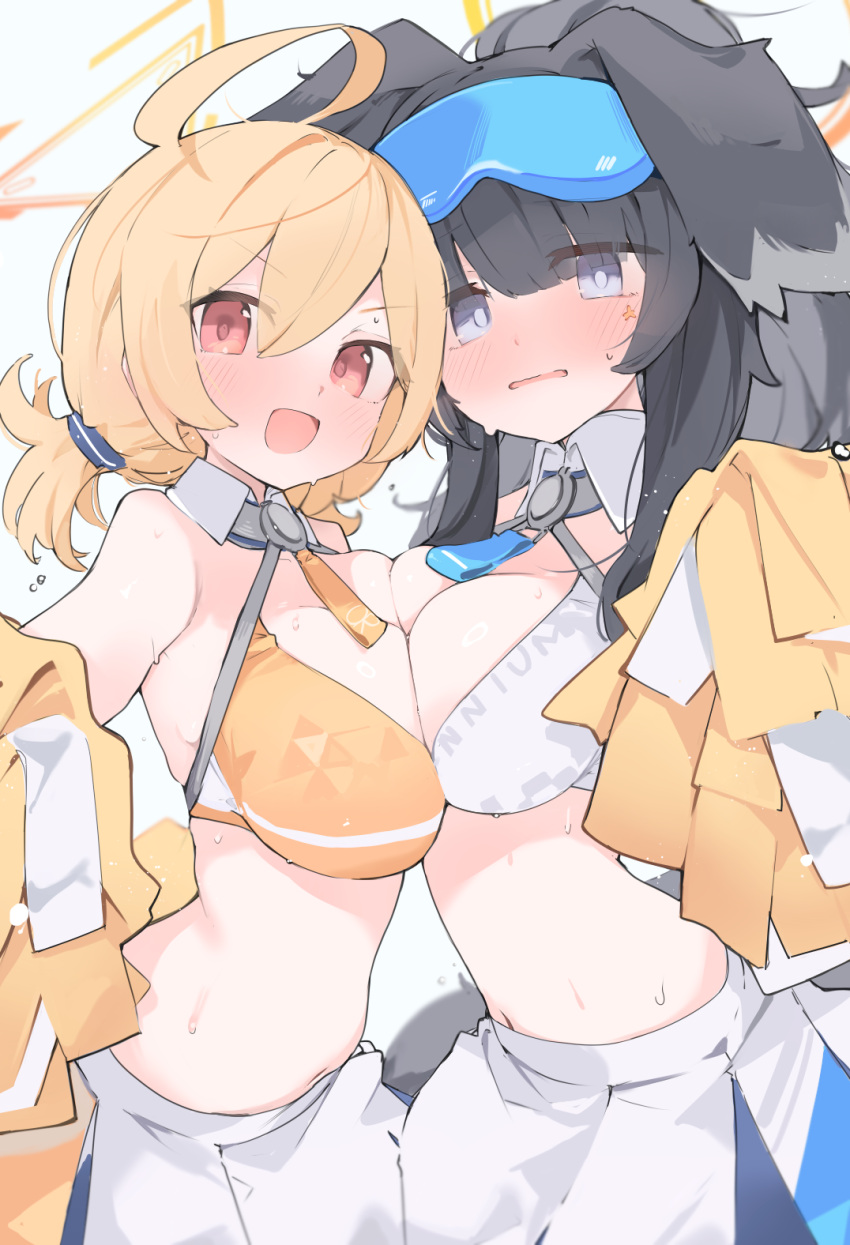 2girls :d animal_ears bare_shoulders black_hair blonde_hair blue_archive blue_eyes blush breast_press breasts cheerleader cleavage dog_girl eyewear_on_head hair_ornament halo hibiki_(blue_archive) hibiki_(cheer_squad)_(blue_archive) highres holding holding_pom_poms kotori_(blue_archive) kotori_(cheer_squad)_(blue_archive) large_breasts looking_at_viewer midriff mikozin millennium_cheerleader_outfit_(blue_archive) muffin_top multiple_girls navel official_alternate_costume open_mouth pom_pom_(cheerleading) red_eyes simple_background smile star_sticker sticker_on_face stomach sweat symmetrical_docking twintails white_background