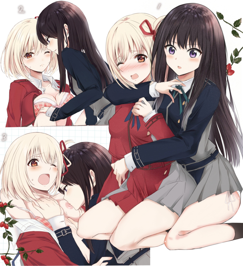 2girls ahoge arm_around_neck arm_around_waist belt black_socks blonde_hair blue_belt blue_dress blush bra brown_hair drawn_heart dress food fruit gangshangguang_(smjy5842) hair_ribbon hand_on_another's_knee hand_on_breasts highres hole_on_body inoue_takina licking licking_nipple lycoris_recoil moaning multiple_girls nishikigi_chisato orange_eyes plaid plaid_bra ribbon socks strawberry underwear yuri