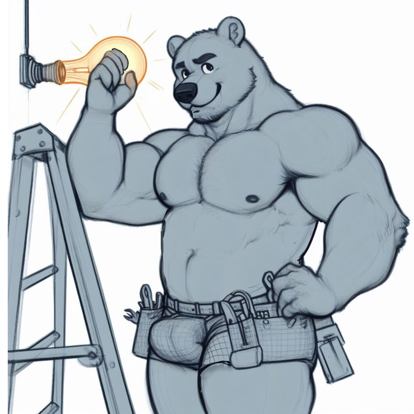 anthro bear bottomwear bulge clothed clothing elweonfurr0 flexing_bicep hi_res hotpants ladder looking_at_viewer male mammal muscular muscular_male nipples partially_clothed pecs shorts smile solo thick_thighs tool_belt