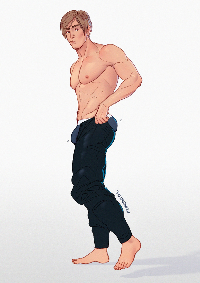 1boy abs absurdres ass bara blue_male_underwear blue_pants bulge bulge_lift dressing feet_out_of_frame from_side full_body highres i've_never_seen_a_guy_recreate_this_successfully_tbh_(meme) large_pectorals leon_s._kennedy light_brown_hair looking_away male_focus male_underwear meme motion_lines muscular muscular_male navel_hair nipples open_pants pants pants_lift pectorals resident_evil resident_evil_4 short_hair solo standing stomach thedamnthinguy thick_eyebrows topless_male undersized_clothes underwear