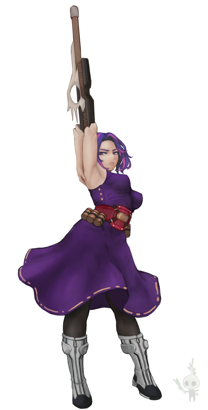 1girl absurdres arm_up armpits bangs belt boku_no_hero_academia boots dress full_body gun highres lady_nagant looking_at_viewer multicolored_hair nhuahomm pink_hair purple_dress purple_eyes purple_hair short_hair simple_background sleeveless solo standing two-tone_hair weapon white_background white_footwear