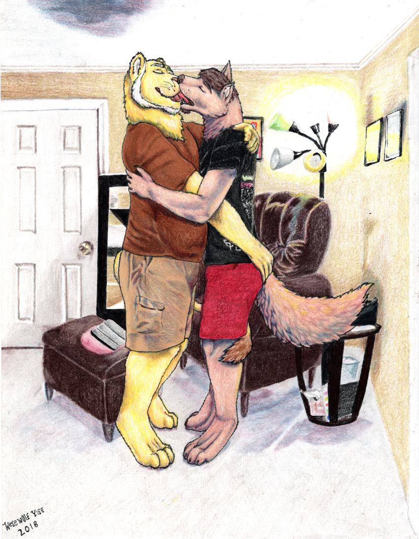 absurd_res anthro canid canine canis clothing color_pencil embrace felid hi_res hug inside invalid_background kissing lion making_out male mammal pantherine romantic tongue traditional_media_(artwork) wolf