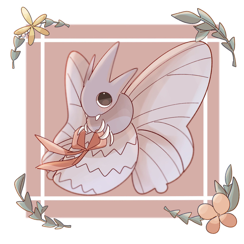 animal_focus black_eyes blurry blush border bow bug commentary depth_of_field fangs flower full_body highres moth no_humans orange_flower pokemon pokemon_(creature) red_background red_bow solo tamako_(pixiv_71110817) venomoth white_border yellow_flower