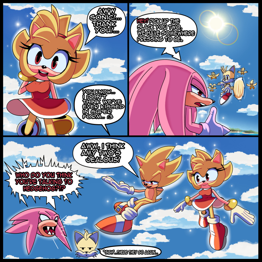 absurd_res amy_rose anthro avian bird echidna eulipotyphlan female group hedgehog hi_res island knuckles_the_echidna light lighting male male/female mammal miles_prower monotreme sea sega sonic_the_hedgehog sonic_the_hedgehog_(series) speech_bubble sun water