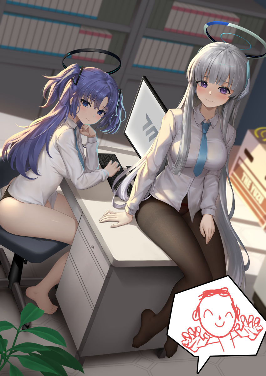 1boy 2girls absurdres arona's_sensei_doodle_(blue_archive) barefoot black_pantyhose blue_archive blue_necktie blush breasts buttons closed_mouth collared_shirt grey_hair halo highres indoors keyboard_(computer) large_breasts long_hair long_sleeves looking_at_viewer mechanical_halo monitor multiple_girls necktie noa_(blue_archive) pantyhose purple_eyes purple_hair sensei_(blue_archive) shirt sitting sunkilow swivel_chair toes two_side_up white_shirt yuuka_(blue_archive)