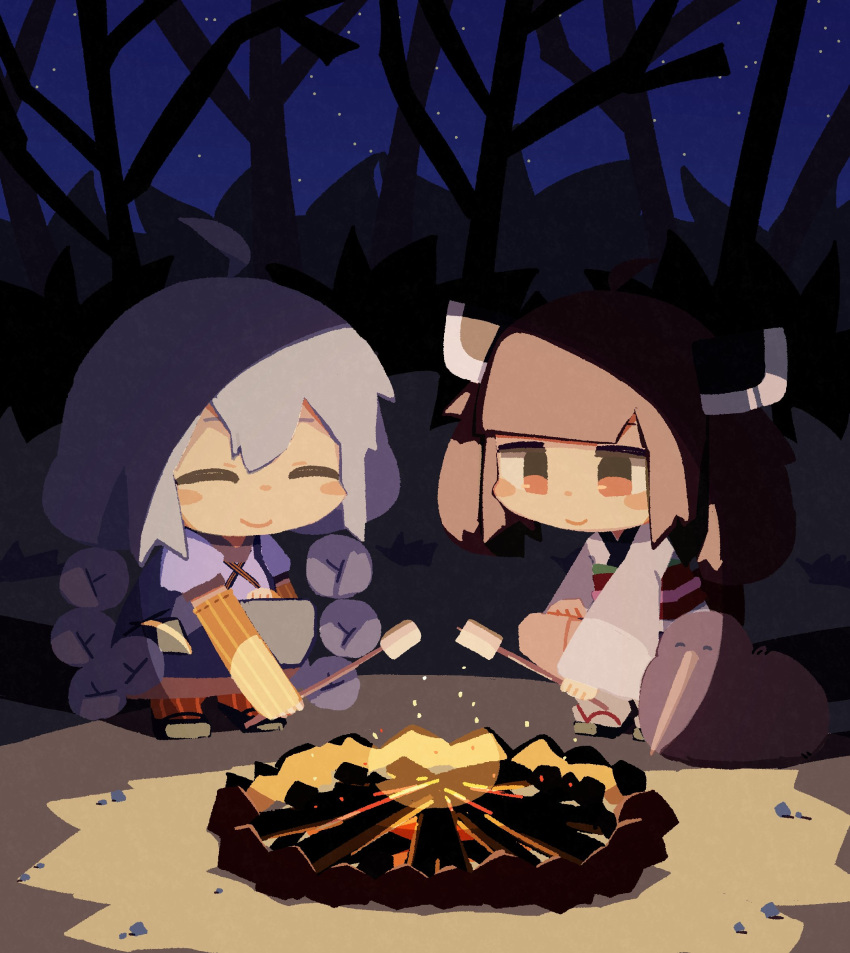 2girls ahoge animal bird black_dress blush_stickers braid brown_hair campfire closed_eyes commentary_request dress elbow_gloves embers fire food forest gloves grey_hair headgear highres holding holding_stick japanese_clothes kimono kiwi_(bird) kizuna_akari konohoshi long_hair long_sleeves looking_at_food marshmallow medium_hair multiple_girls nature night night_sky obi okobo orange_eyes orange_gloves outdoors oversized_animal puffy_short_sleeves puffy_sleeves roasting sash shirt short_kimono short_sleeves sky smile squatting star_(sky) stick striped striped_gloves touhoku_kiritan twin_braids twintails vertical-striped_gloves vertical_stripes vocaloid voiceroid white_shirt wide_sleeves