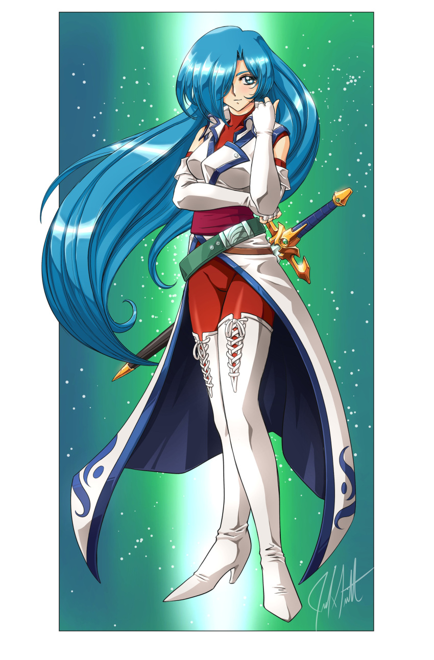 1990s_(style) 1girl absurdres belt blue_eyes blue_hair boots breasts closed_mouth detached_sleeves dress elbow_gloves english_commentary eyelashes fingerless_gloves fire_emblem fire_emblem:_radiant_dawn gloves gradient_background green_background hair_over_one_eye high_heel_boots high_heels highres long_hair lucia_(fire_emblem) mixed-language_commentary pantyhose parted_bangs red_pantyhose red_shirt retro_artstyle sheath sheathed shirt sirknightbot sleeveless sleeveless_dress solo sword thigh_boots weapon white_dress white_footwear white_gloves