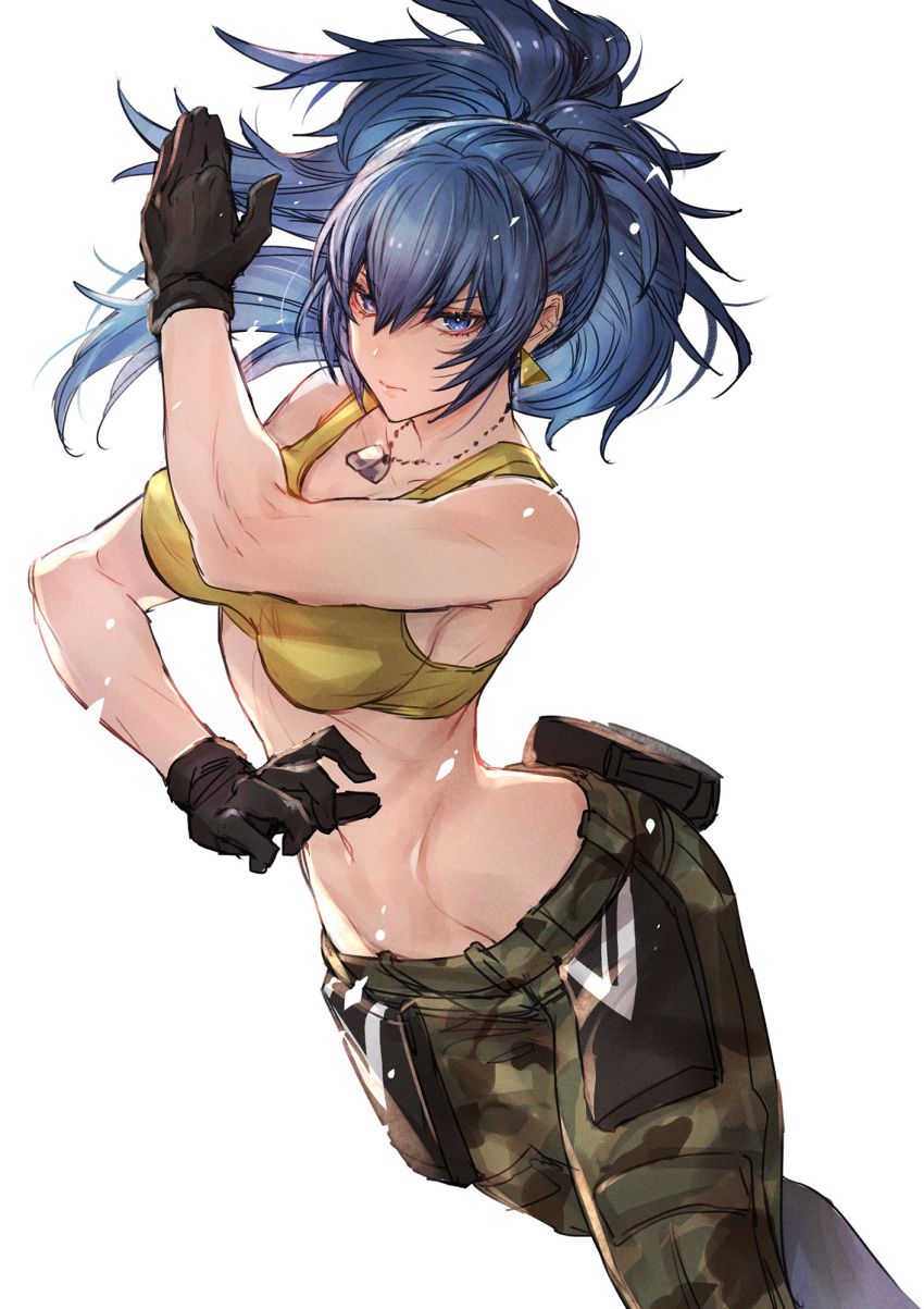 1girl bare_shoulders biceps black_gloves blue_eyes blue_hair breasts camouflage camouflage_pants cargo_pants cleavage crop_top dog_tags earrings gloves highres jewelry large_breasts leona_heidern long_hair looking_at_viewer midriff navel oro_(sumakaita) pants ponytail snk soldier solo tank_top the_king_of_fighters the_king_of_fighters_xv toned triangle_earrings yellow_tank_top