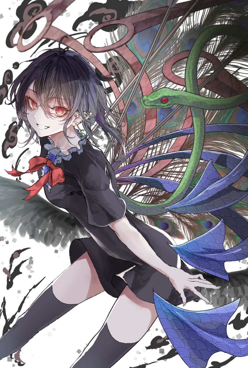1girl asymmetrical_wings black_dress black_hair black_thighhighs blue_wings breasts commentary dress eyelashes feet_out_of_frame hair_between_eyes hegata_(hegatia_lapis) highres houjuu_nue long_hair looking_at_viewer pointy_ears red_eyes red_wings simple_background small_breasts snake solo thighhighs touhou white_background wings