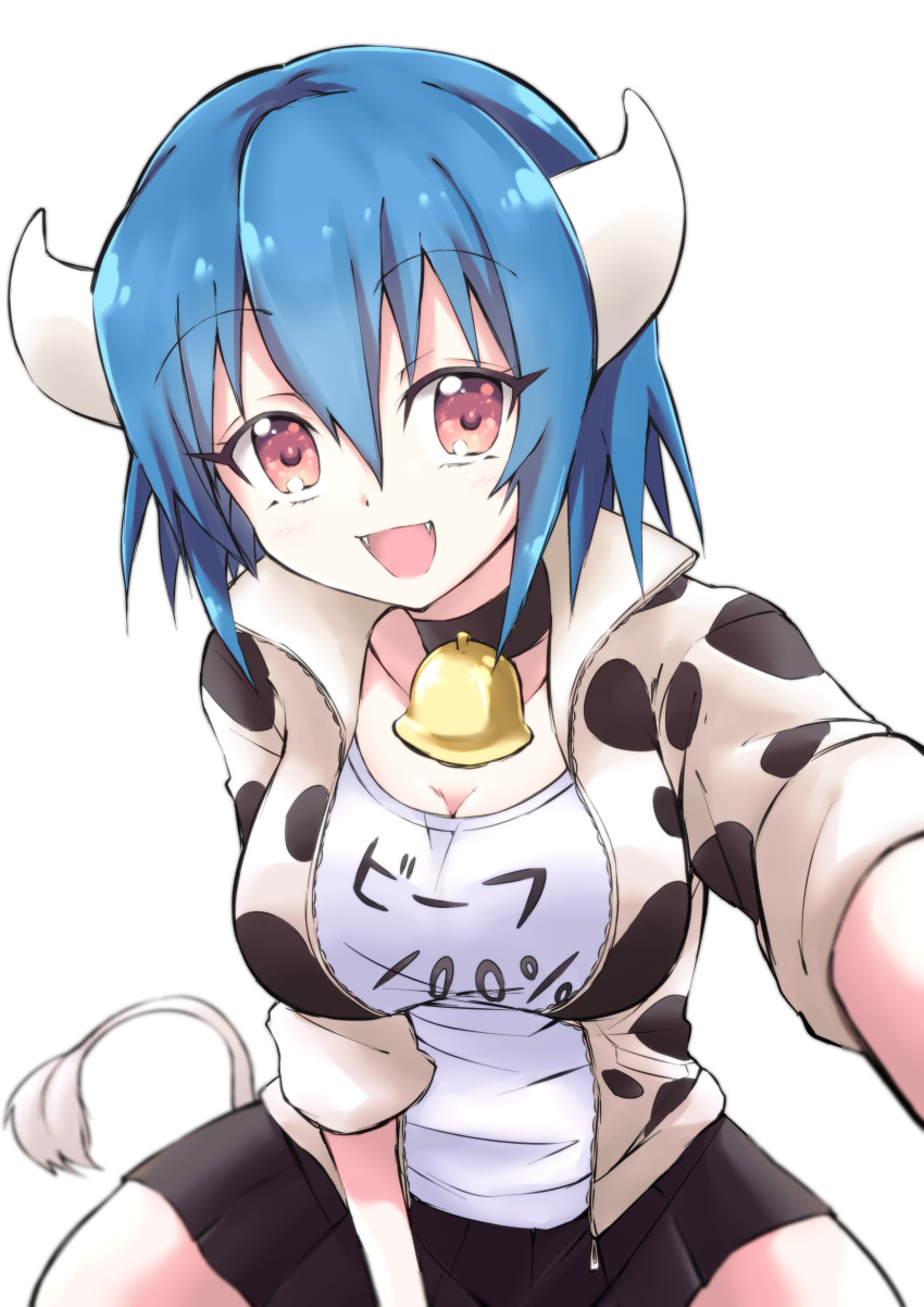 1girl absurdres animal_print bell black_skirt blue_hair blush breasts brown_eyes cleavage cow_girl cow_horns cow_print cow_tail cowbell fang highres horns jacket jashin-chan_dropkick large_breasts looking_at_viewer minos_(jashin-chan_dropkick) neck_bell open_mouth print_jacket shirt short_hair simple_background skirt smile solo tail track_jacket white_background white_shirt yuuki_shushu