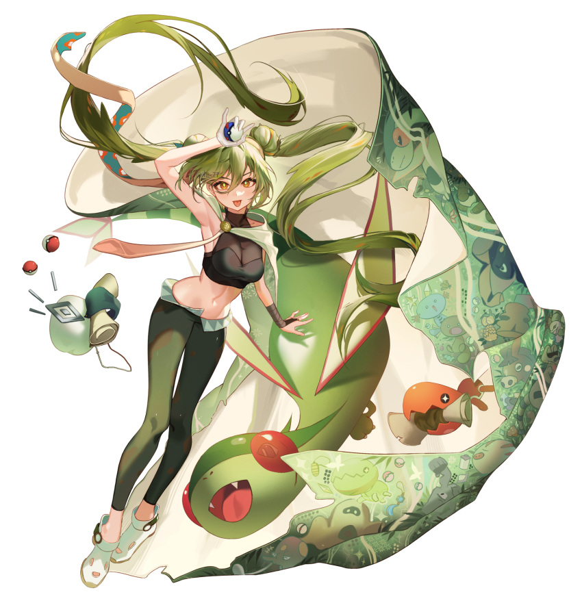 1girl arm_up armpits breasts brown_eyes cape character_print commentary_request double_bun floating_hair flygon green_hair green_pants green_pupils ground_miku_(project_voltage) hair_between_eyes hair_bun hatsune_miku highres iruri_(illi_77) long_hair looking_at_viewer midriff navel pants poke_ball poke_ball_(basic) pokemon pokemon_(creature) project_voltage scroll shoes tongue tongue_out trapinch twintails vocaloid white_footwear