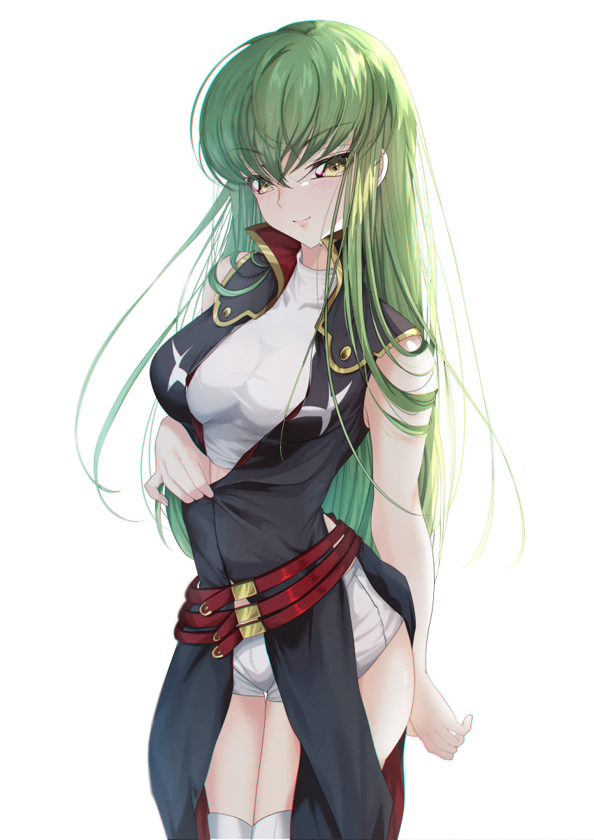&gt;:) 1girl absurdres arm_at_side belt black_dress blush breasts budgiepon c.c. closed_mouth code_geass cowboy_shot crop_top crossed_bangs curvy dress eyelashes green_hair hair_between_eyes hair_over_shoulder hand_up highres hip_vent lips long_hair looking_at_viewer medium_breasts red_belt seductive_smile shirt shorts simple_background sleeveless sleeveless_dress smile solo standing straight_hair thigh_gap thighhighs undressing v-shaped_eyebrows very_long_hair white_background white_shirt white_shorts white_thighhighs yellow_eyes