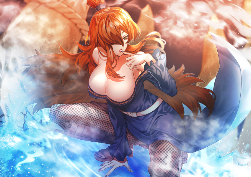 1girl absurdres armor bare_shoulders blue_dress breasts cleavage dress fishnets greaves green_eyes hair_over_one_eye highres large_breasts lips long_hair mire00mire nail_polish naruto_(series) naruto_shippuuden red_hair solo squatting terumi_mei topknot very_long_hair