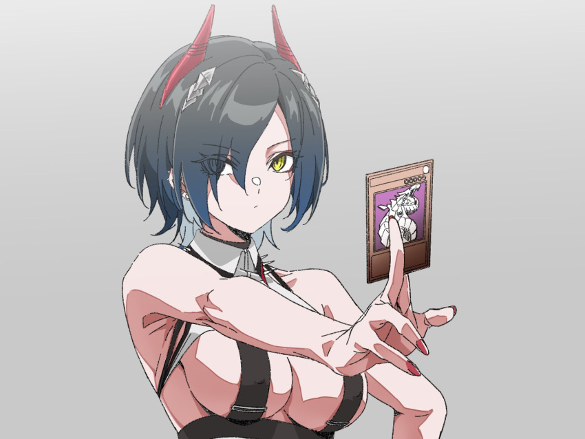 1girl azur_lane bare_shoulders black_hair breast_strap breasts card cleavage closed_mouth collarbone collared_shirt commentary_request crop_top cyber_dragon ear_piercing eyes_visible_through_hair hair_between_eyes hair_ornament hair_over_one_eye highres holding holding_card horns large_breasts looking_at_viewer mechanical_horns multicolored_hair nail_polish piercing red_horns red_nails shirt short_hair sidelocks simple_background solo standing trading_card ulrich_von_hutten_(azur_lane) upper_body wakoudo white_hair white_shirt yellow_eyes yu-gi-oh!