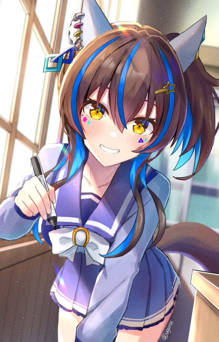 1girl animal_ears blue_hair bow brown_hair colored_inner_hair commentary_request cowboy_shot daitaku_helios_(umamusume) ear_covers ear_piercing facial_tattoo grin hair_between_eyes hair_ornament hairclip highres holding holding_marker horse_ears horse_girl horse_tail looking_at_viewer marker multicolored_hair piercing pleated_skirt purple_serafuku purple_shirt purple_skirt school_uniform serafuku shirt side_ponytail skirt smile solo streaked_hair sweat tail tattoo tracen_school_uniform twitter_username ugura_(ugurax) umamusume white_bow winter_uniform yellow_eyes