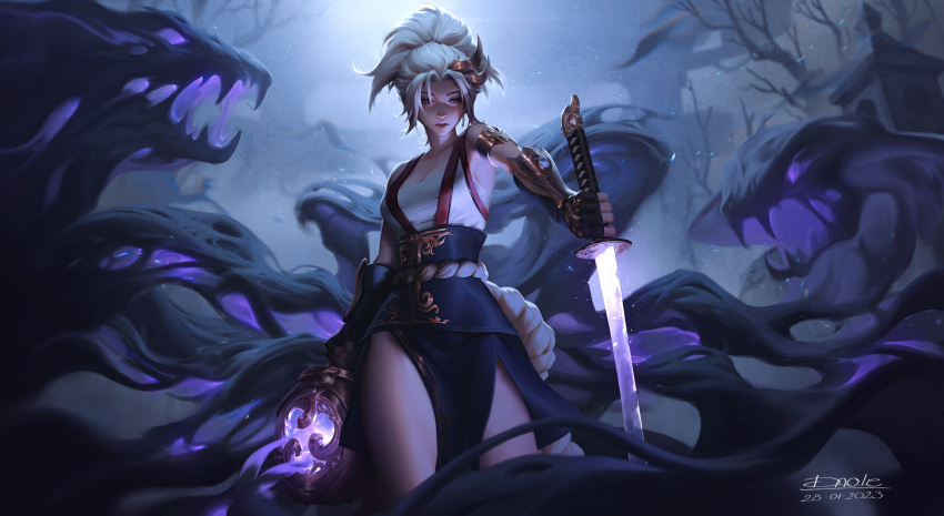 1girl artist_name bare_shoulders breasts brown_eyes commentary dao_trong_le dark_spirit dated elbow_gloves english_commentary expressionless fingerless_gloves gloves glowing glowing_sword glowing_weapon highres holding holding_weapon katana medium_breasts moonlight night original procreate_(medium) sleeveless solo spirit sword weapon white_hair