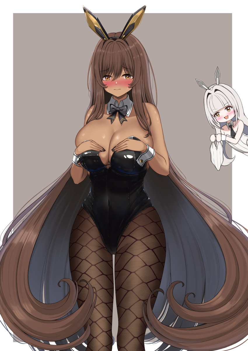 2girls 777_(nikke) absurdres animal_ears ascot black_ascot black_bow black_bowtie black_leotard black_nails blanc_(nikke) blush bow bowtie breasts brown_hair covering covering_breasts dark-skinned_female dark_skin detached_collar fake_animal_ears fishnet_pantyhose fishnets gauchi goddess_of_victory:_nikke highres large_breasts leotard long_hair multiple_girls noir_(nikke) pantyhose playboy_bunny rabbit_ears siblings sisters strapless strapless_leotard very_long_hair wardrobe_malfunction white_hair white_leotard wrist_cuffs