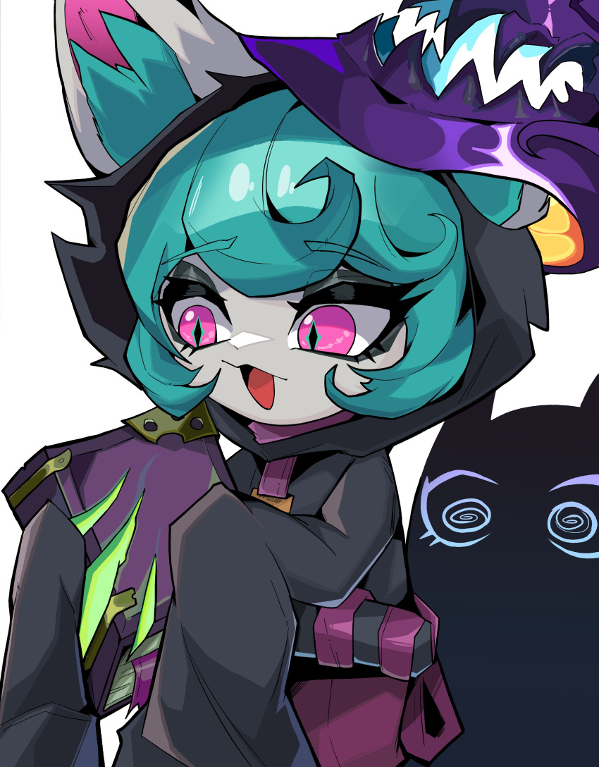 1girl :d absurdres beseunaj-jamjaneun_gemdol-i black_hoodie book ears_through_headwear green_hair highres holding holding_book hood hood_up hoodie league_of_legends open_mouth pants pink_eyes purple_headwear rabadon's_deathcap red_pants short_hair sleeves_past_fingers sleeves_past_wrists slit_pupils smile solo vex_(league_of_legends) vex_shadow_(league_of_legends) white_background