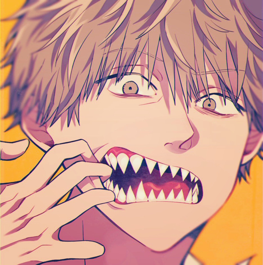 1boy blurry brown_eyes chainsaw_man close-up commentary_request denji_(chainsaw_man) depth_of_field highres light_brown_hair llq9ull male_focus mouth_pull open_mouth orange_background portrait sharp_teeth solo teeth tongue