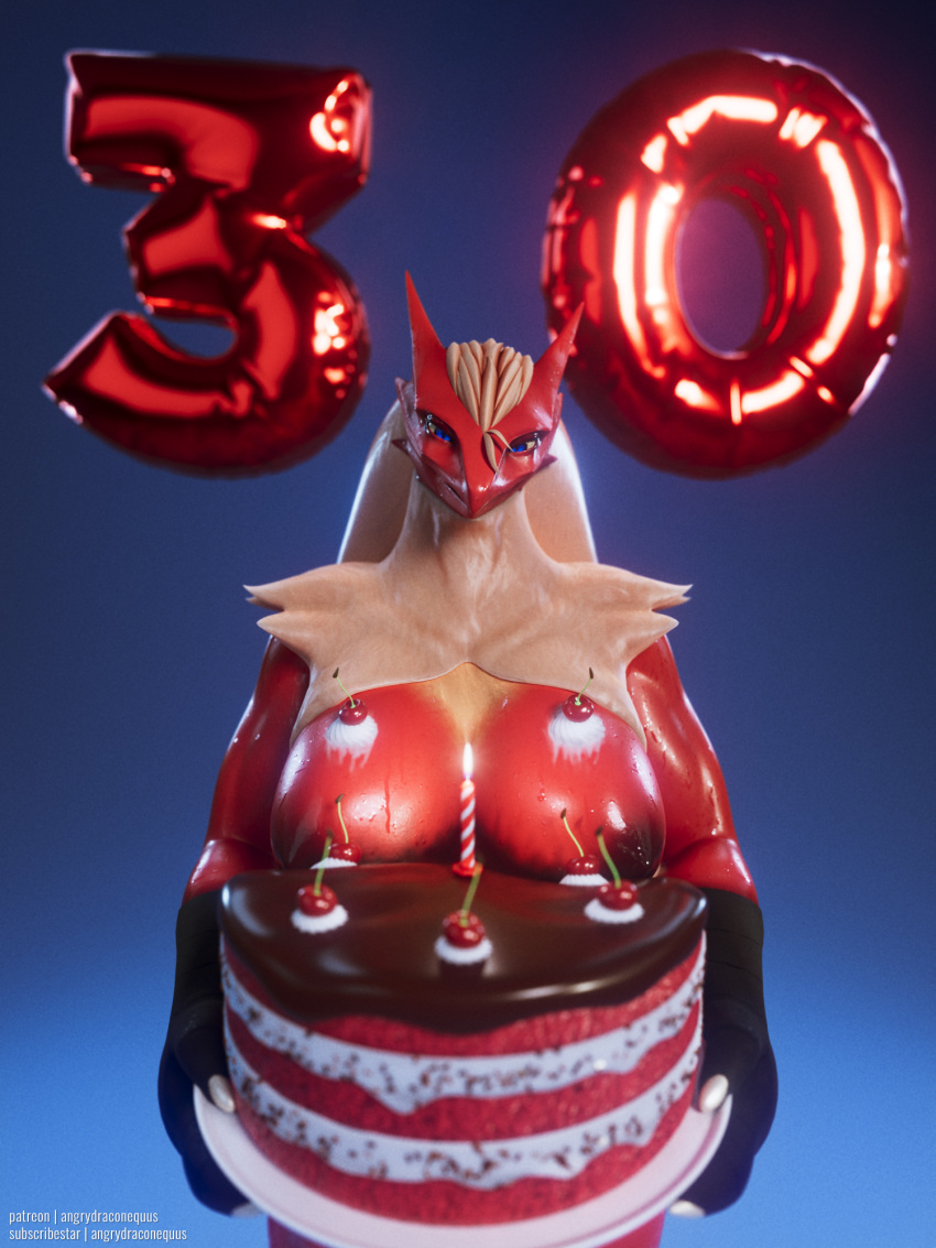 2023 3d_(artwork) angrydraconequus anthro areola big_areola big_breasts birthday birthday_cake blaze_(agitype01) blaziken blender_(software) blue_eyes bodily_fluids breasts cake candle candy cherry chocolate chocolate_on_breasts dairy_products dessert digital_media_(artwork) female food food_on_breasts fruit generation_3_pokemon hair hi_res looking_at_viewer nintendo nipples nude number plant plate pokemon pokemon_(species) red_body solo sweat sweaty_arms sweaty_breasts sweaty_face whipped_cream