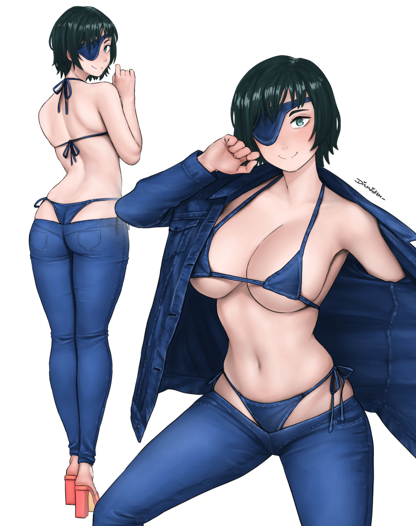 1girl absurdres artist_name bikini black_hair blue_bikini blue_jacket blue_pants breasts chainsaw_man clothes_pull commentary denim denim_bikini denim_eyepatch denim_jacket dismaiden english_commentary green_eyes high_heels highres himeno_(chainsaw_man) jacket large_breasts looking_at_viewer looking_back lowleg lowleg_pants multiple_views pants short_hair simple_background smile swimsuit white_background