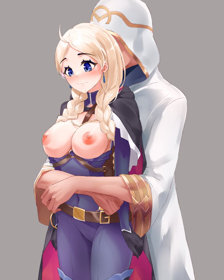 1boy 1girl absurdres ahoge black_gloves blue_bodysuit blue_eyes blush bodysuit braid breasts breasts_out cape chain chest_harness cleavage closed_mouth commission commissioner_upload couple covered_navel crystal_earrings earrings faceless faceless_male fire_emblem fire_emblem_fates fire_emblem_heroes gloves gold_chain harness hetero highres hood hooded_cape hug hug_from_behind jewelry kiran_(fire_emblem) kiran_(male)_(fire_emblem) leather_belt long_hair low_twin_braids medium_breasts mi_nyawn3 nina_(fire_emblem) nina_(thief)_(fire_emblem) non-web_source o-ring official_alternate_costume parted_bangs skin_tight turtleneck twin_braids two-tone_cape white_hair