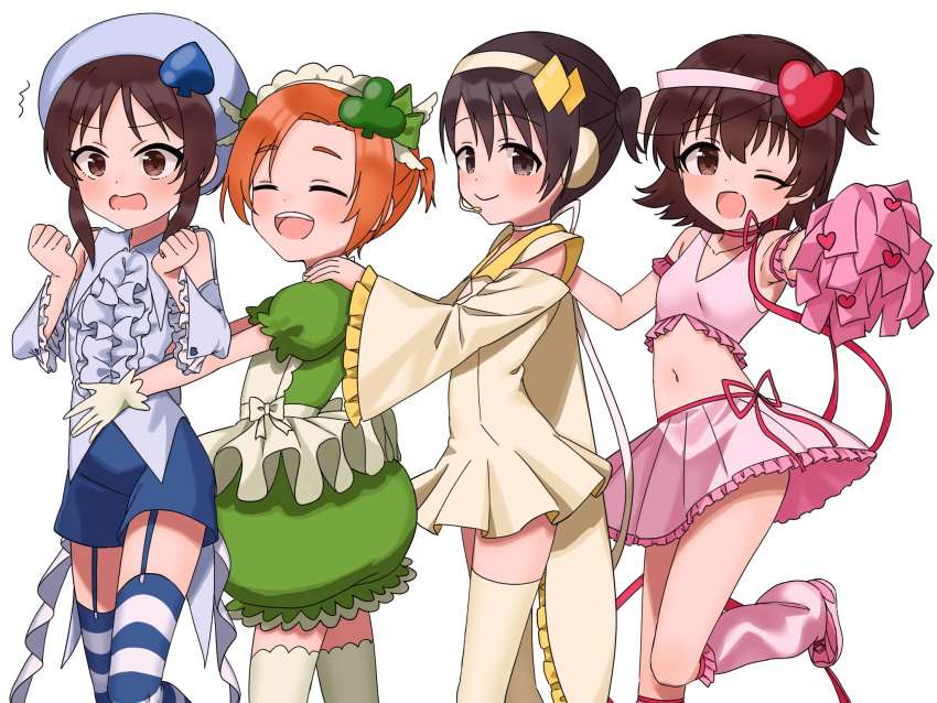 4girls akagi_miria amulet_clover amulet_clover_(cosplay) amulet_dia amulet_dia_(cosplay) amulet_heart amulet_heart_(cosplay) amulet_spade amulet_spade_(cosplay) black_eyes black_hair blue_headwear blue_shirt blue_shorts blush brown_eyes brown_hair clenched_hands closed_eyes clover_hair_ornament cosplay diamond_hair_ornament dot_nose dress flat_chest frilled_shirt frilled_sleeves frills garter_straps green_dress green_ribbon hair_ornament hairband hands_on_another's_shoulders hands_up hat heart heart_hair_ornament highres holding holding_pom_poms idolmaster idolmaster_cinderella_girls idolmaster_cinderella_girls_u149 long_sleeves looking_at_viewer maid_headdress miniskirt multiple_girls navel one_eye_closed open_mouth orange_hair pink_shirt pink_skirt pom_pom_(cheerleading) puffy_short_sleeves puffy_sleeves ribbon ryuzaki_kaoru sasaki_chie shirt short_hair short_sleeves short_twintails shorts shugo_chara! sidelocks sinjin_46 skirt smile spade_hair_ornament stomach striped striped_thighhighs tachibana_arisu tank_top thighhighs twintails visor_cap white_background white_dress white_hairband white_thighhighs