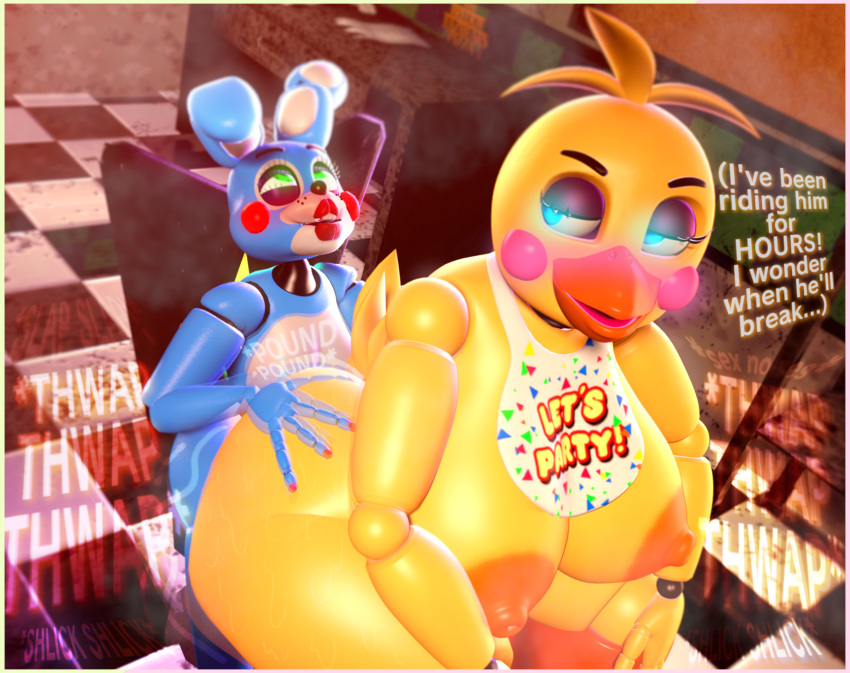 3d_(artwork) ambiguous_penetration animatronic anthro avian big_butt bird blue_body blue_eyes blush breasts butt chair chair_position checkered_floor chicken crouching dialogue digital_media_(artwork) duo duo_focus eye_roll female five_nights_at_freddy's five_nights_at_freddy's_2 from_behind_position furniture galliform gallus_(genus) girly glowing glowing_eyes green_eyes group hi_res huge_butt lagomorph leporid lewdwithlogan looking_at_another looking_back looking_pleasured machine male male/female male_penetrating mammal motion_lines office on_lap onomatopoeia penetration phasianid pound rabbit rabbit_ears robot rosy_cheeks scottgames sex shlick size_difference small_dom_big_sub smile sound_effects source_filmmaker squatting_position teeth text thoughts thwap toy_bonnie_(fnaf) toy_chica_(fnaf) yellow_body