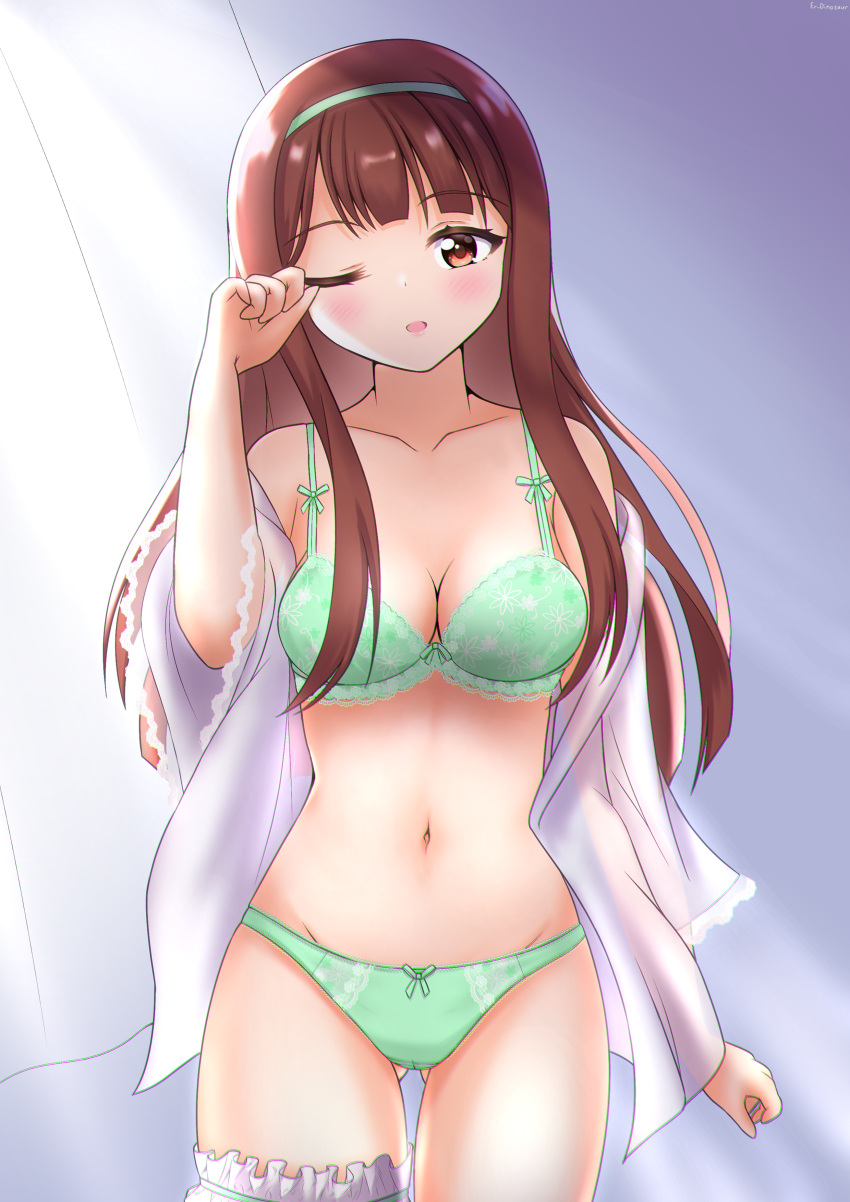 1girl absurdres ass_visible_through_thighs bow bow_bra bow_panties bra breasts bridal_garter brown_eyes brown_hair commentary cowboy_shot crotch_seam curtains er_dinosaur green_bra green_hairband green_panties hairband highres idolmaster idolmaster_million_live! lace-trimmed_bra lace_trim long_hair looking_at_viewer medium_breasts navel no_pants off_shoulder one_eye_closed open_clothes open_mouth open_shirt panties rubbing_eyes shirt smile solo standing tanaka_kotoha underwear white_shirt