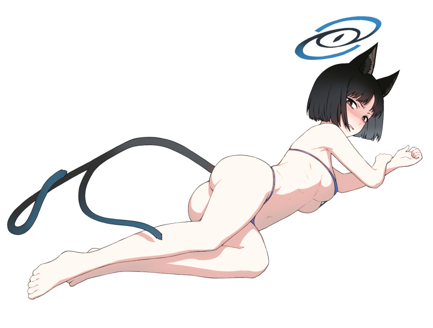 1girl animal_ears armpit_crease artpatient ass bakeneko bare_arms bare_legs bikini black_eyes black_hair blue_archive bob_cut breasts bright_pupils cat_ears cat_girl disgust feet forked_tail from_behind full_body halo kikyou_(blue_archive) looking_at_viewer lying medium_breasts micro_bikini navel on_side ribs shaded_face short_hair simple_background solo stomach swimsuit tail thighs toes underboob white_background white_pupils