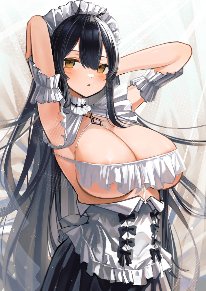 1girl absurdres areola_slip arm_garter armpits arms_up azur_lane black_hair black_skirt blush breasts cleavage collar commentary cowboy_shot detached_collar frilled_collar frilled_garter frills green_happy000 hair_between_eyes highres indomitable_(azur_lane) indomitable_(ms._motivationless_maid)_(azur_lane) large_breasts long_hair looking_at_viewer maid_headdress official_alternate_costume parted_lips sidelocks skirt solo standing steaming_body very_long_hair yellow_eyes