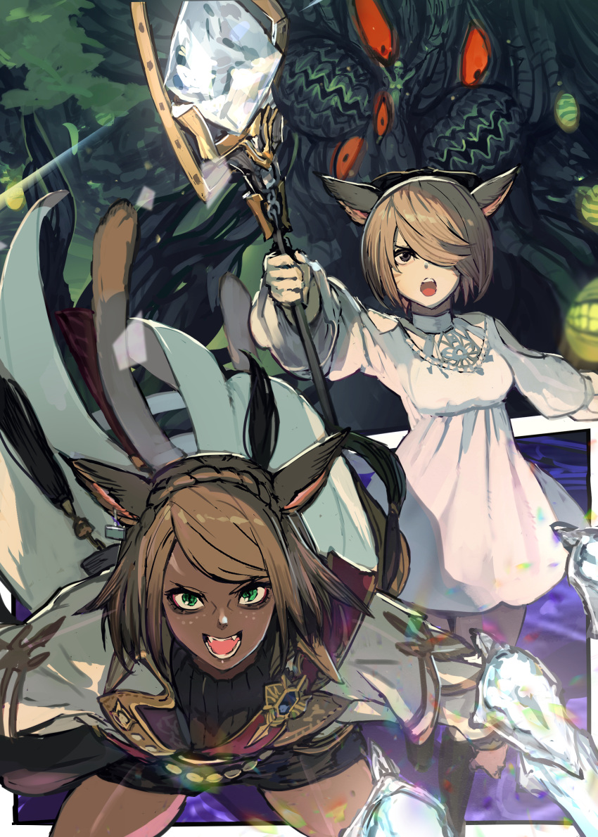 2girls absurdres agdistis_(ff14) alternate_form animal_ears brown_eyes brown_hair cat_ears cat_tail clothing_cutout dark-skinned_female dark_skin dress facial_mark final_fantasy final_fantasy_xiv green_eyes hair_over_one_eye hide_(hideout) highres holding holding_staff looking_at_viewer miqo'te monster multiple_girls open_mouth parted_bangs short_hair shorts shoulder_cutout staff tail warrior_of_light_(ff14) whisker_markings white_dress