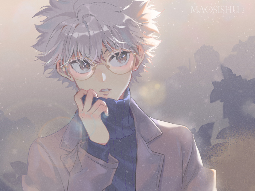 1boy artist_name blue_sweater brown_background brown_eyes brown_jacket bush chin collared_jacket commentary glasses hand_on_own_neck highres hunter_x_hunter jacket killua_zoldyck leaf long_sleeves maosishu open_mouth round_eyewear short_hair sunlight sweater teeth turtleneck upper_body white_hair