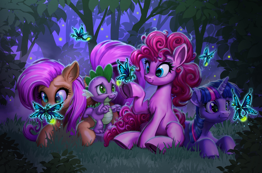 arthropod beetle butterfly dragon earth_pony elateroid equid equine female firefly fluttershy_(mlp) forest friendship_is_magic grass harwick hasbro hi_res horn horse hybrid insect insect_wings lepidopteran lepidopteran_wings male mammal mantis my_little_pony pinkie_pie_(mlp) plant pony purple_body purple_scales scales spike_(mlp) tree twilight_sparkle_(mlp) unicorn wings