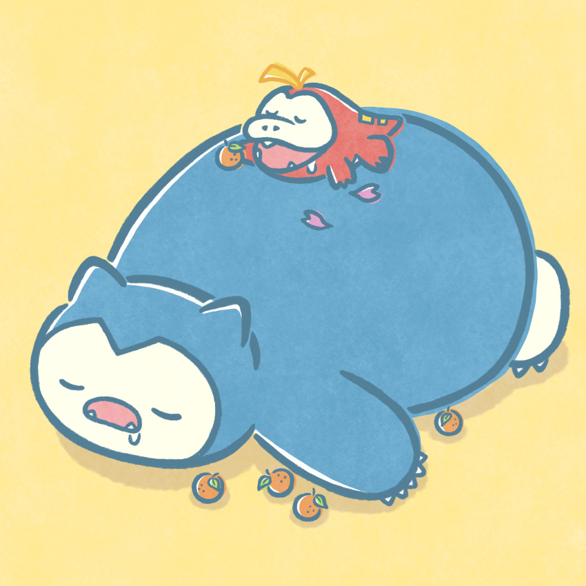 absurdres cherry_blossoms closed_eyes drooling food fruit fuecoco highres lying no_humans on_stomach open_mouth orange_(fruit) petals pokemon pokemon_(creature) pokemon_on_back simple_background sleeping snorlax yellow_background