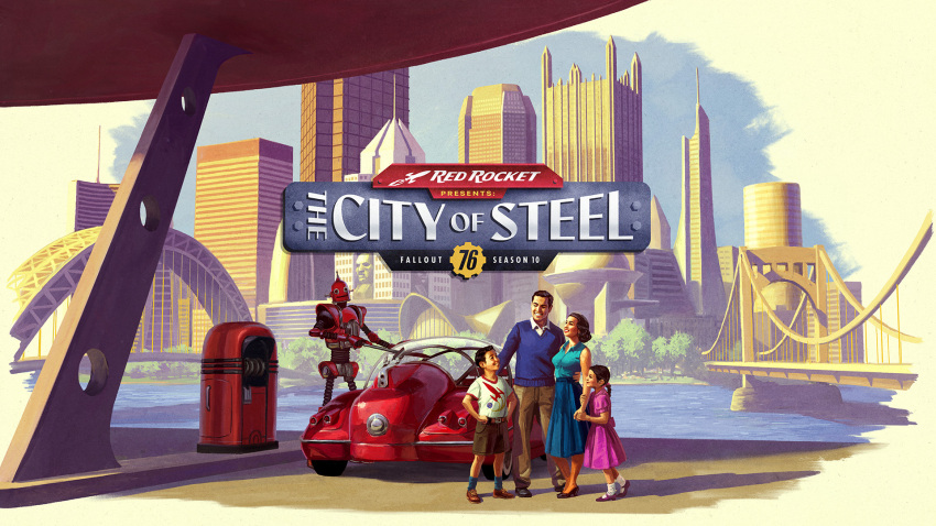 1other 2boys 2girls black_hair blue_skirt blue_sky bridge brown_pants brown_shorts building car cityscape copyright_name dress english_text fallout_(series) fallout_76 highres logo medium_hair motor_vehicle multiple_boys multiple_girls official_art outdoors pants pink_dress robot shirt short_hair shorts skirt sky skyscraper water white_shirt