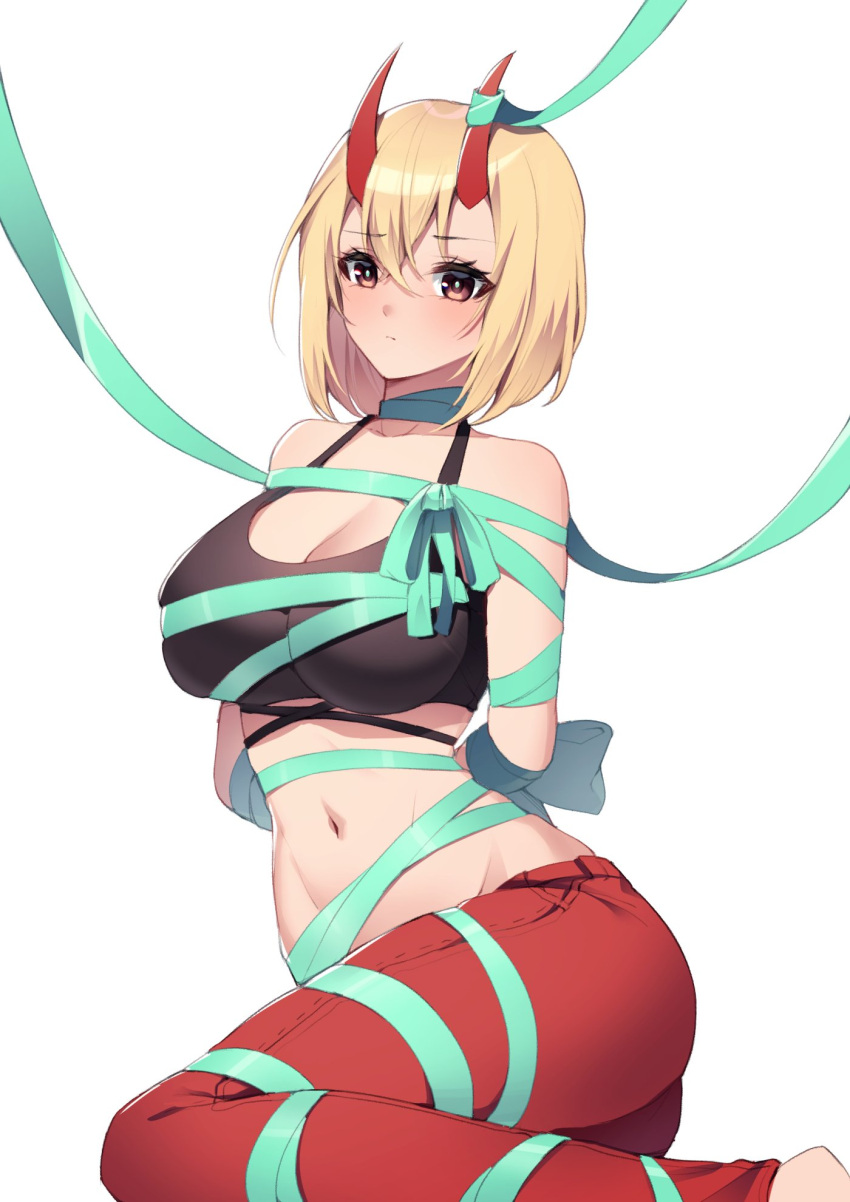 1girl barefoot black_tank_top blonde_hair blush breasts closed_mouth crop_top feet green_ribbon hair_between_eyes highres horns large_breasts midriff original pants red_eyes red_horns red_pants ribbon short_hair solo stomach tank_top toes ugwa white_background