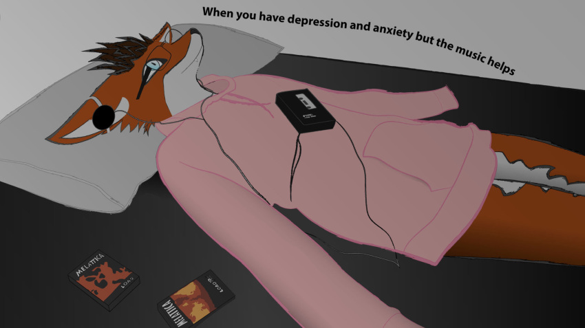 anthro anxiety bed canid canine cassette_player clothing depression fox fur furniture headphones hi_res lying lying_on_bed male mammal music on_bed orange_body orange_fur pavanilmailum pink_clothing solo sweater topwear white_body white_fur