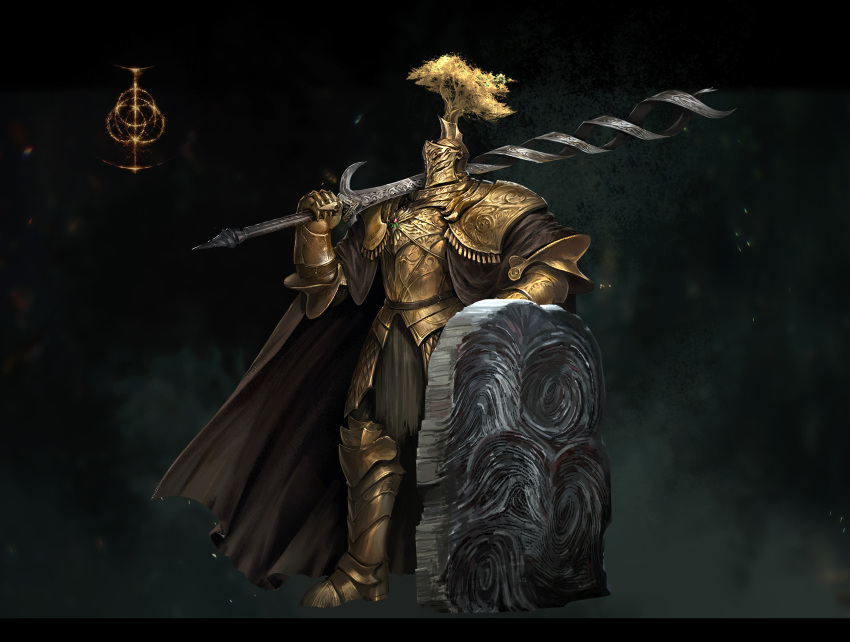 1boy armor armored_boots boots breastplate cape cuirass cuisses dante09 elden_ring faulds full_armor gauntlets gold_armor gorget greaves helm helmet highres holding holding_sword holding_weapon knight medieval pauldrons plate_armor plume sabaton shoulder_armor solo sword tree_sentinel weapon