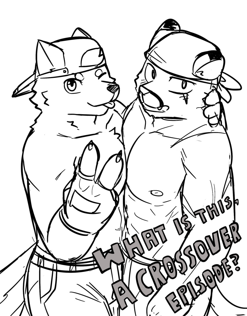 abs anthro biceps blush bottomwear canid canine canis clothing cougar duo facial_scar felid feline fingerless_gloves gloves hair handwear hat headgear headwear hi_res male mammal muscular muscular_anthro muscular_male nipples northwoooof one_eye_closed pants pecs regnar_(northwooof) scar shirtless_male simple_background standing white_background wink wolf