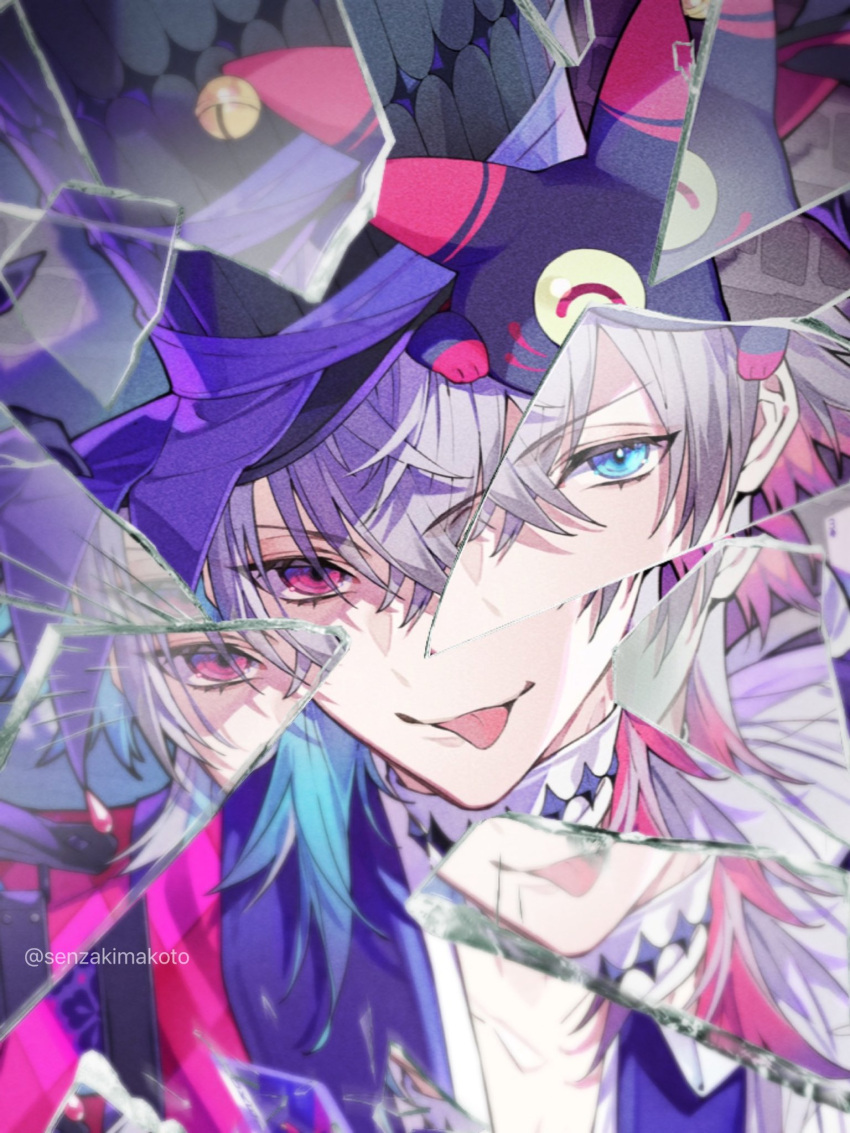 1boy app_filter artist_name bishounen black_gloves blue_eyes blue_hair card character_name collarbone english_text gavis_bettel gloves gradient_hair grey_hair hair_between_eyes hat heterochromia highres holostars holostars_english looking_at_viewer male_focus multicolored_clothes multicolored_hair phantom_(gavis_bettel) pink_eyes red_hair senzaki_makoto smile solo tongue tongue_out top_hat virtual_youtuber